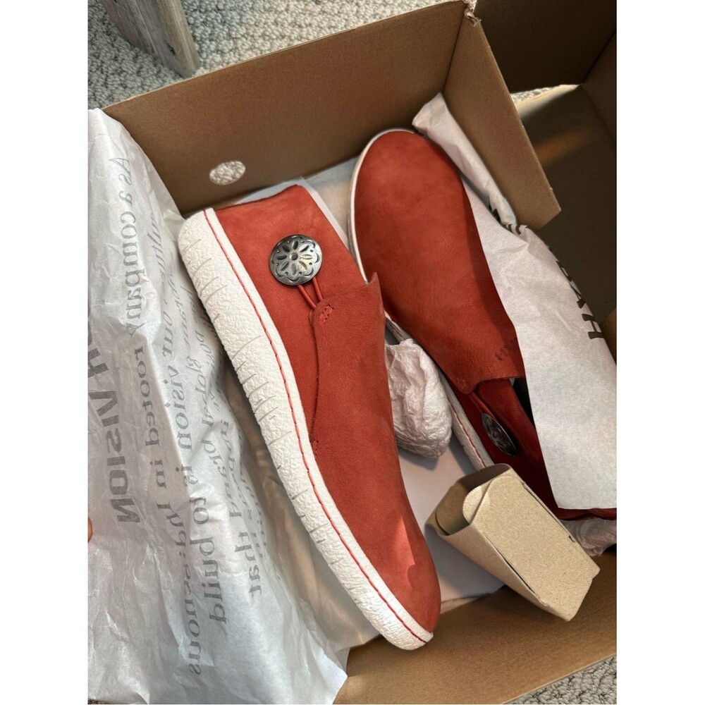 Women's Suede Slip-On Moccasins in Rust with Decorative Concho